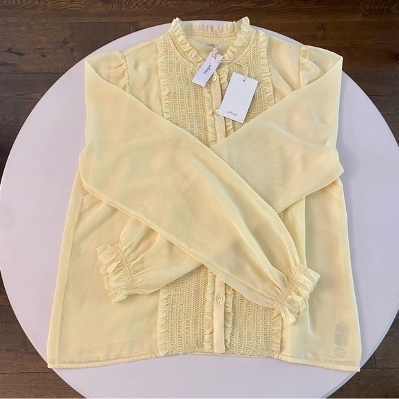 NWT Aritzia Wilfred Butter Yellow Button-Up Tuxedo Chiffon Fiji Blouse - Picture 8 of 13